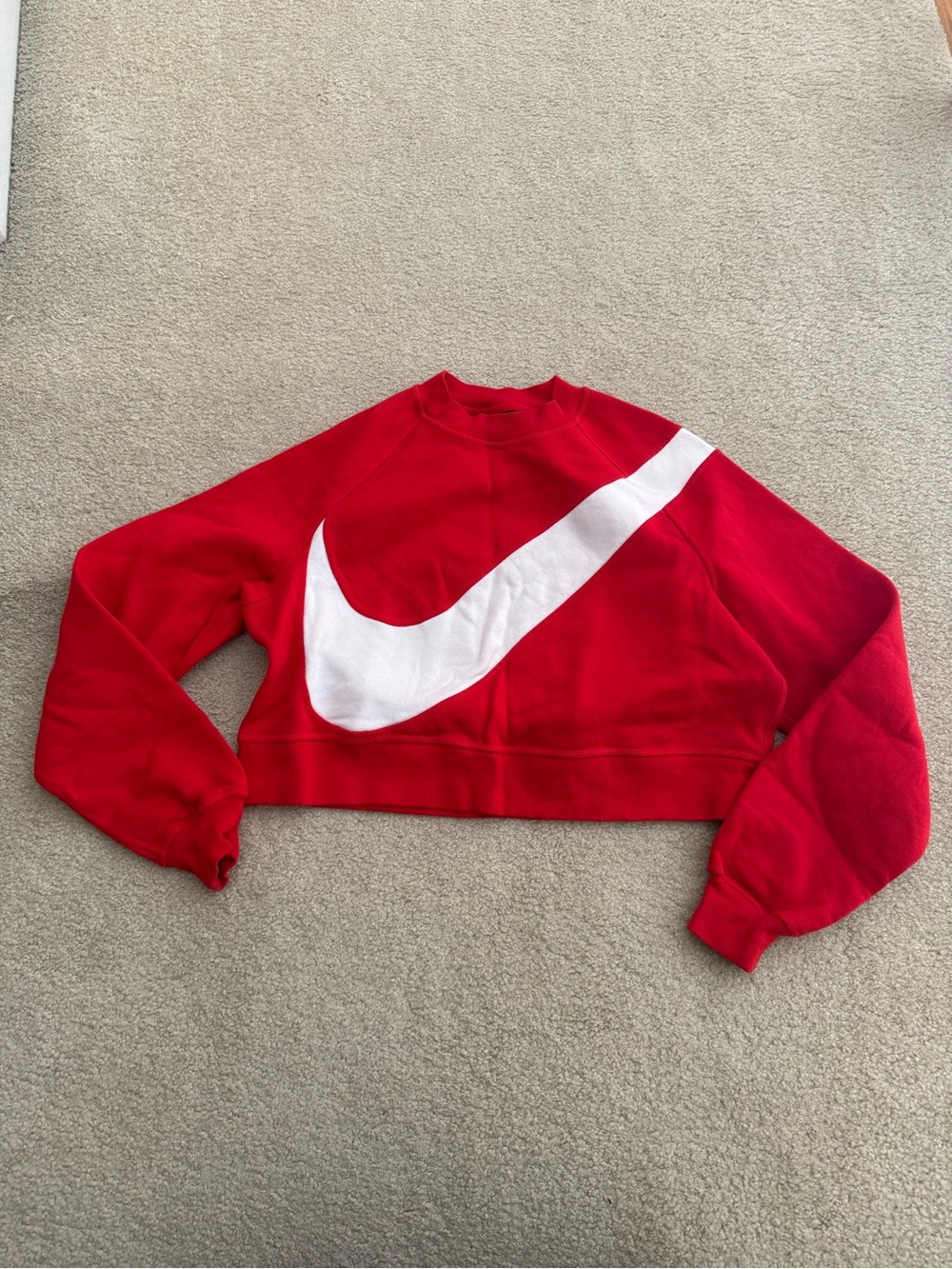 Nike Red Cropped Crewneck Sweatshirt with White Swoosh